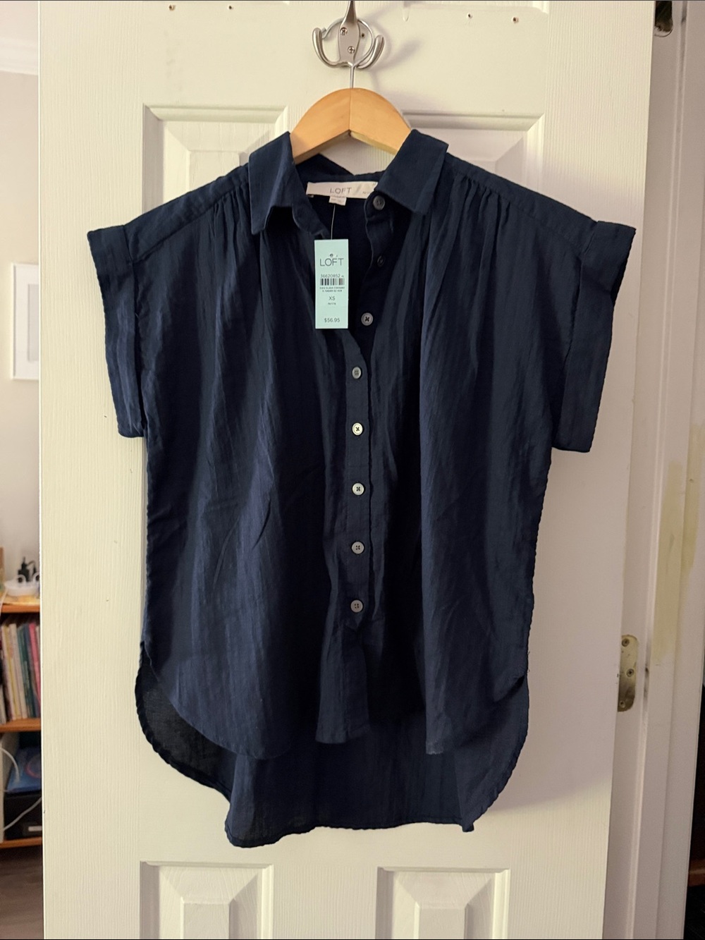 LOFT Navy Short Sleeve Button Front Blouse